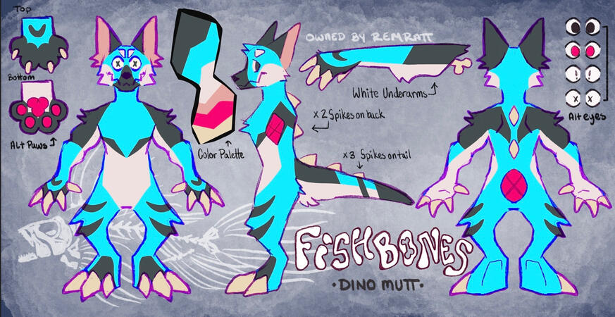 3 views reference sheet with color pallet, text and 3 separate details (arm, alt eyes, alt paws)