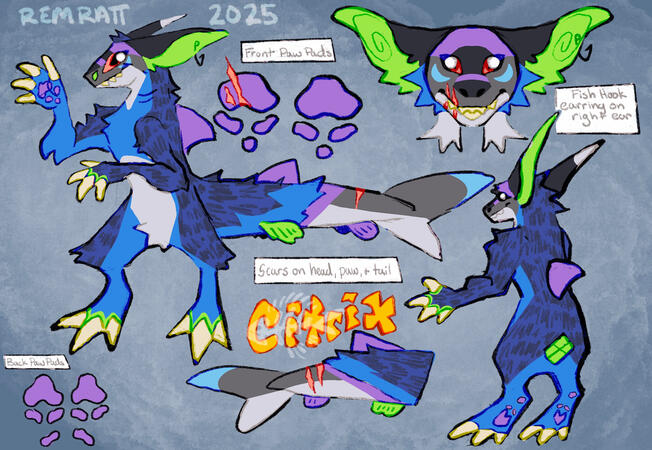 2 view ref with 1 headshot, 2 additional details (tail, paw pads), color pallet and text