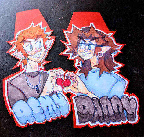 Couple style badges made with markers and colored pencils